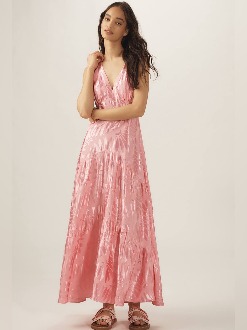 Farm Rio x Anthropologie V-Neck Tiered Maxi Dress in Pink Size M